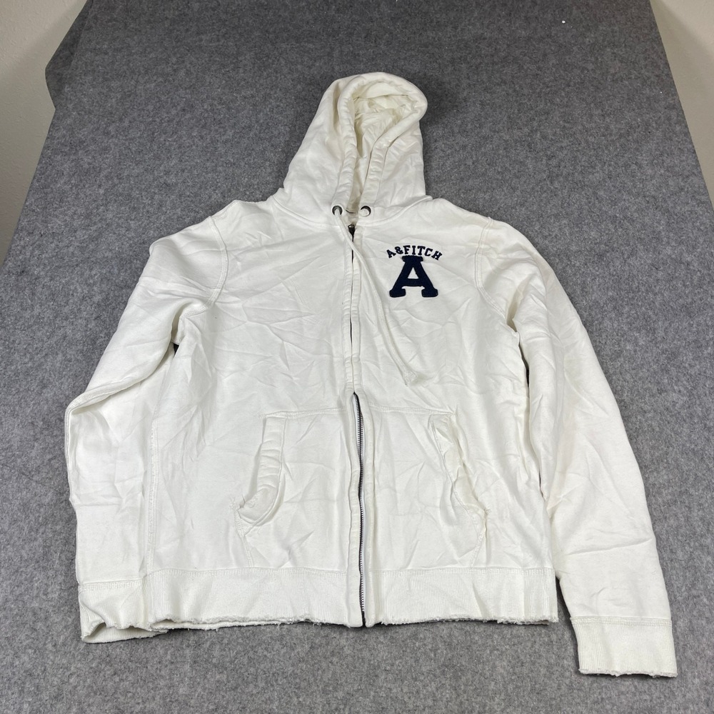 Abercrombie & Fitch Full Zip Hoodie XL White Navy Embroidered Logo DistressedHem